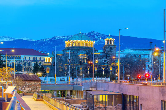 Sveta Nedelya Church and Vitosha Mountain at Blue Hour, Sofia