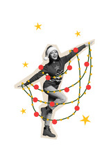 Naklejka premium Composite trend artwork photo collage of merry Christmas holiday celebrate winter season young lady wear hat model posing garland baubles