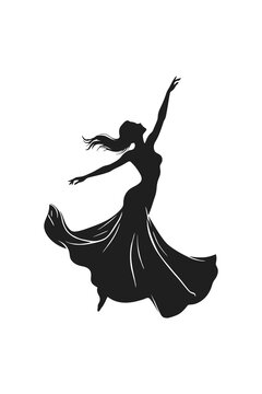 Silhouette of a gracefully dancing woman in a flowing gown, captured in a dynamic pose