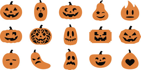 Obraz premium Halloween Pumpkin Set with Spooky Jack O Lantern Faces and Cartoon Icons for Autumn October Holiday Celebration Decoration Vector Illustration Design.