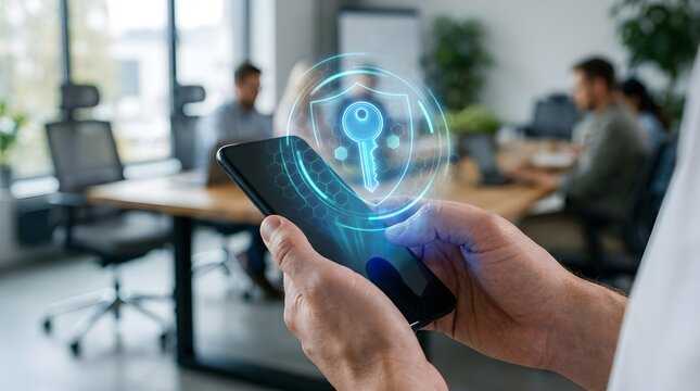 Hands Holding Smartphone with Digital Security Shield and Key Hologram for Mobile Cybersecurity
