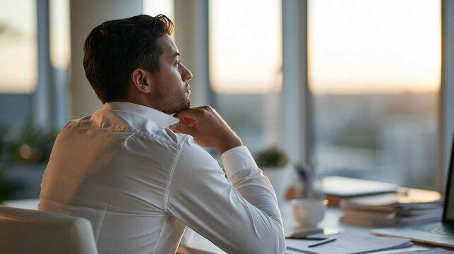 A realistic layout for an employment agency or educational platform. Rear view of a young job candidate adjusting their shirt collar in front of a neatly set up workspace before a