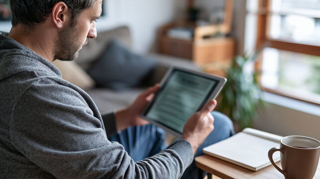 A striking minimalist visual for job preparation and social policy campaigns. Over-the-shoulder shot of a young job applicant holding a digital tablet with a clean notebook and cof
