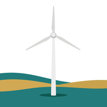 Modern wind turbine standing in a stylized landscape with rolling hills under a clear sky, representing renewable energy, sustainable technology, and green power generation concept