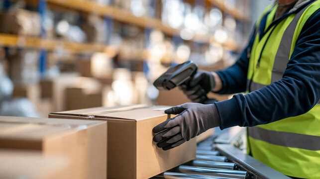 Logistics worker scanning boxes on a warehouse conveyor belt, high-visibility vest, organized shelves in background, distribution center, with copy space