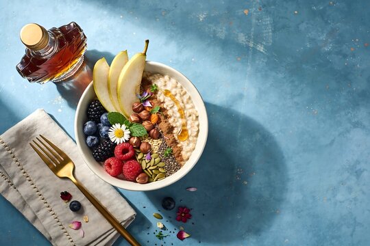 Oatmeal bowl with pear blueberries raspberries hazelnuts and honey drizzle on powder blue surface with space for copy 