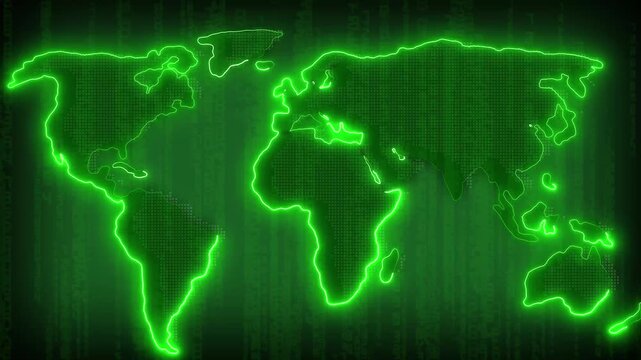 A glowing global network map displays digital green telemetry metrics. This global network map tracks international data infrastructure streams. Use this global network map loop for logistics videos.