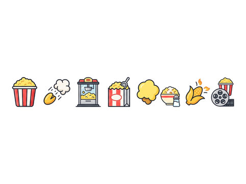 Popcorn icons set. Cinema snacks and movie theater food collection.