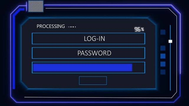 A futuristic login screen prompts users for secure network account access. This login screen displays active verification processing indicators. Add this login screen loop to cybersecurity videos.