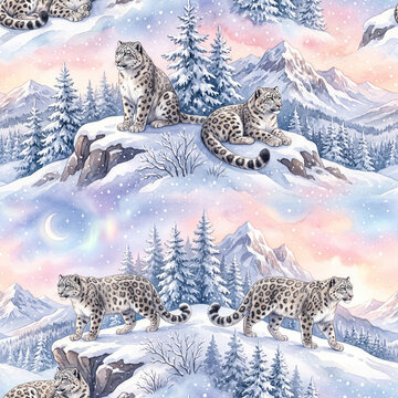 Winter seamless pattern with snow leopards in snowy mountain landscape