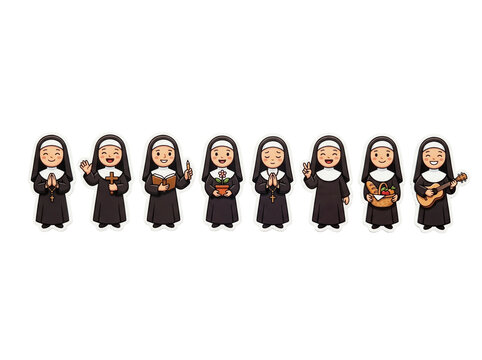 Cartoon nun characters set. Cute religious sisters in various poses and activities.