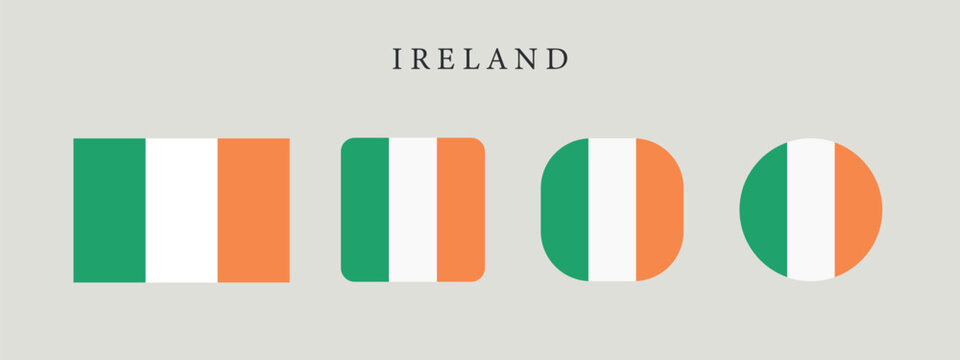 Ireland national flag set in original proportion and different shapes styles. Official Irish symbol vector collection