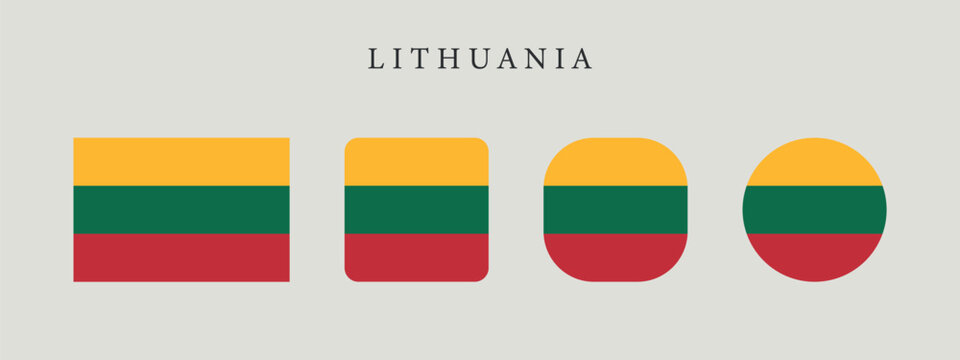 Lithuania national flag set in original proportion and different shapes styles. Official Lithuanian symbol vector collection