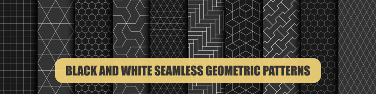 Collection of dark geometric seamless ornament patterns - symmetric elegant design. Vector repeatable black and white luxury backgrounds