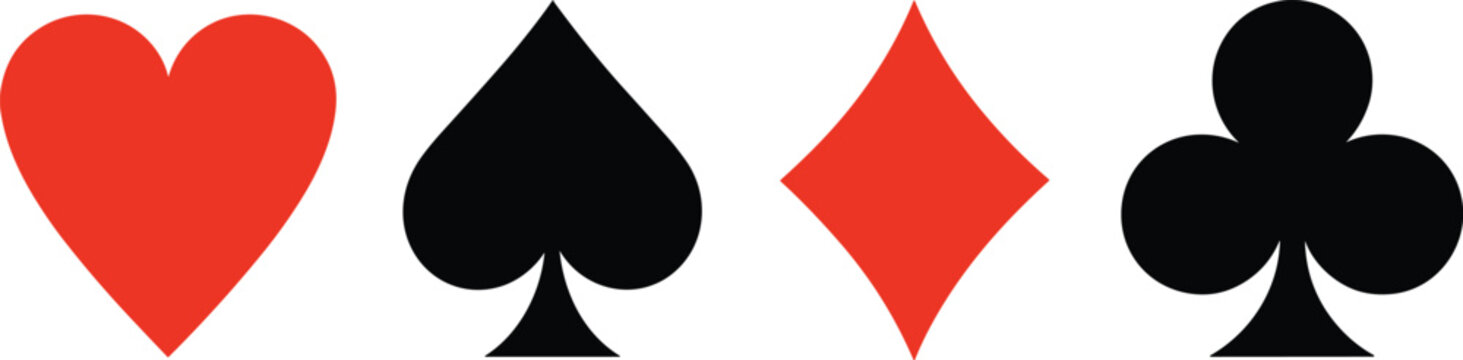 Playing Card Suit Icon Set Featuring Heart, Spade, Diamond, and Club Symbols for Casino, Poker, Card Games, and Gaming Designs