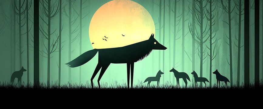 Wolves in a mystical forest at night