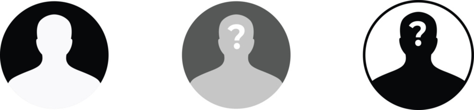 Anonymous person silhouette icon with question mark. Unknown person male user avatar symbol