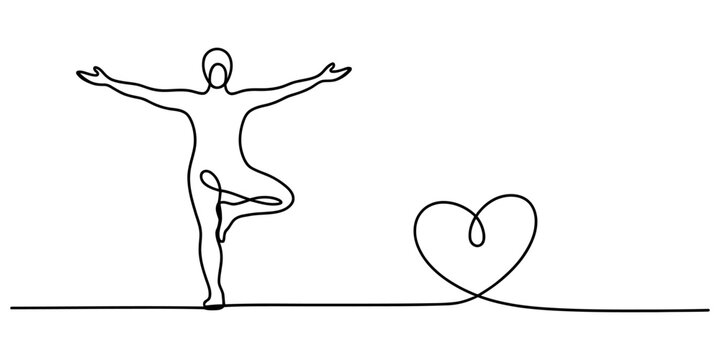Continuous single line drawing of a person doing yoga tree pose with a heart shape symbol