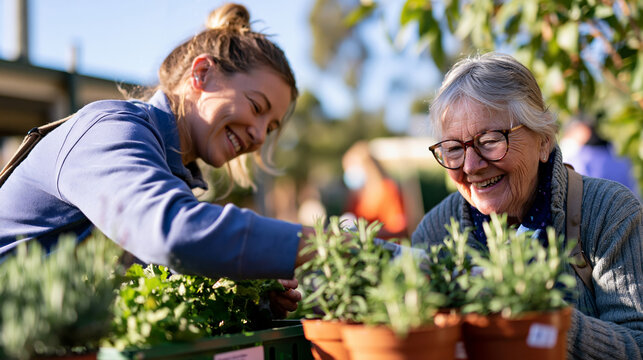 Movement photography of community connection activities. Side and rear view of a young volunteer and an older person tending to potted green plants together at a community garden o