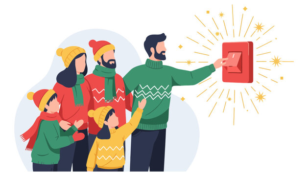 Family in winter clothing turning on a red light switch with children
