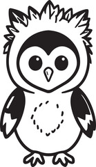 Obraz premium A charming cartoon owl, rendered in a bold black and white sketch style, stands with wide, curious eyes and a tuft of feathers atop its head, exuding an innocent and playful aura.