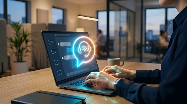 Business Professional Using Laptop with AI Customer Support Chatbot Interface in Modern Office