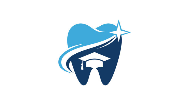 Minimalist blue tooth icon featuring a graduation cap and a shining star for dental education