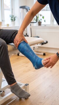 Physical therapist examining a patient with a blue cast on leg in clinic