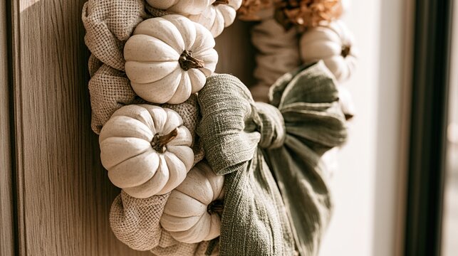Close-up of neutral-toned Halloween wreath with white mini pumpkins and sage green ribbon on light dusk light bathes scene