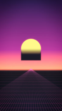 Retro synthwave sun glows above a neon perspective grid in a dreamy 1980s landscape, creating a cinematic vertical backdrop for music promos and social advertising.