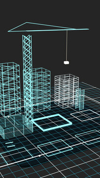Wireframe towers and a crane assemble across a digital construction grid, forming a precise futuristic blueprint scene for architecture marketing and engineering presentations.