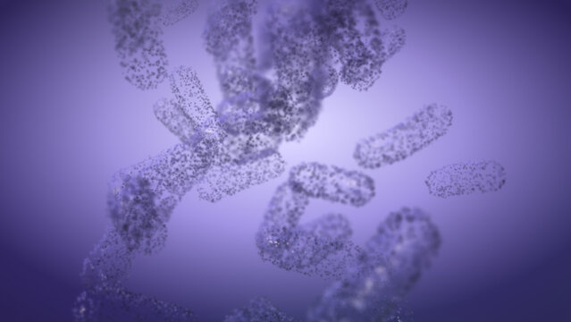 Violet particle bacteria swirl through a softly lit microscopic field with shallow focus, creating an abstract cinematic science backdrop for healthcare marketing and education.