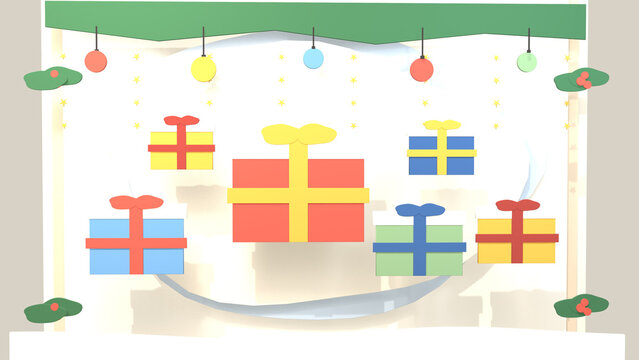 Colorful gift boxes float beneath festive lights in a bright illustrated holiday scene, creating a cheerful cinematic backdrop for seasonal marketing and social media.