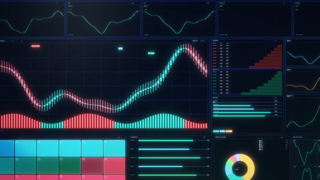 Neon candlestick charts and market analytics update across a wide crypto dashboard, creating an energetic cinematic finance visual for business advertising and investor media.
