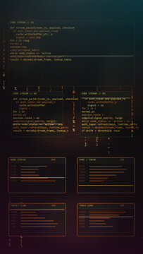 Amber code streams animate across layered HUD panels in a dark futuristic interface, building a tense cinematic backdrop for cybersecurity marketing and tech advertising.