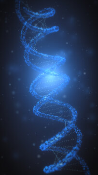 Luminous DNA helix rotates through a dark microscopic field of drifting particles, forming a cinematic vertical science visual for medical marketing and biotech presentations.