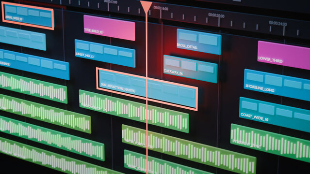 Colorful editing tracks scroll across a professional timeline with active playhead and audio waveforms, delivering a cinematic horizontal asset for creative business promotion.