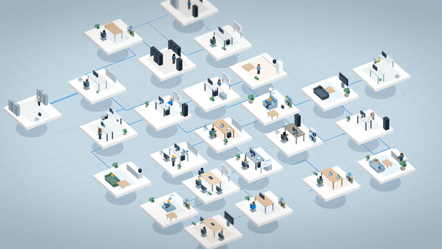 Wide isometric network links many office setups and employees across floating platforms, presenting a bright corporate scene for teamwork marketing and technology campaigns.