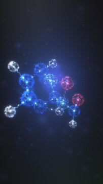 Particle-based molecular clusters drift and connect through a glowing blue field, creating a cinematic vertical science loop for healthcare ads and biotech communication.