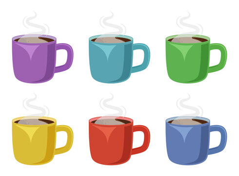 Hot drink cup icon set collection in flat colorful style. Coffee or tea mug with steam vector illustration on isolated background. Healthy beverage sign business concept.