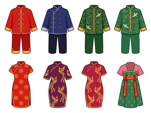 Traditional Chinese clothing set. Asian style fashion outfits for men and women.