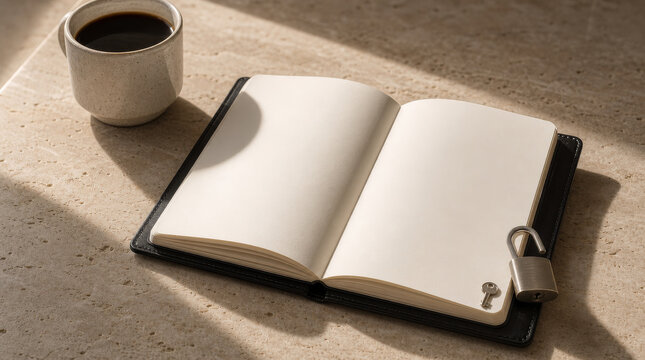 Opened luxury leather journal with blank white pages, a steel padlock with key, and a coffee cup on a travertine stone table.