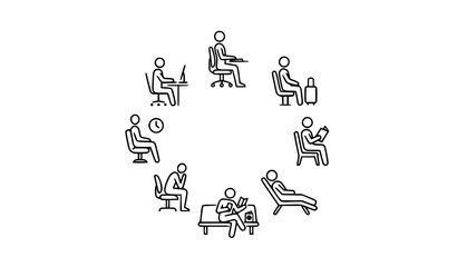 Obraz premium Sitting Person Vector Icon Collection with Office Worker Waiting Reading and Meditation Thin Line Illustration Set