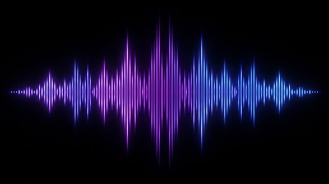 Glowing neon audio sound wave visualization with purple and blue equalizer frequency bars on a dark background for music production technology.