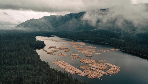 Aerial view of forest timbered logs floating Lake Harrison catchment area before transportation, BC, Canada.
