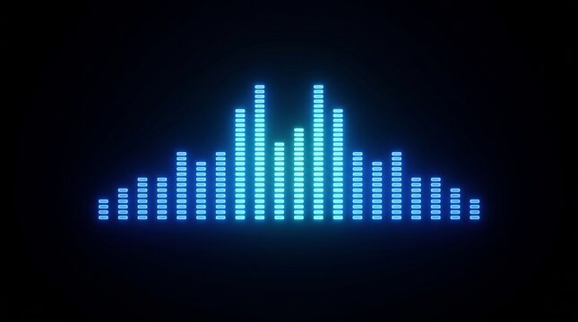Futuristic digital audio equalizer glowing neon blue frequency display bars on dark background for sound production music technology and electronic dj media projects