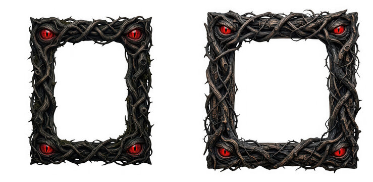 Two rectangular picture frames made of twisted dark thorny branches with glowing red eyes isolated on transparent background