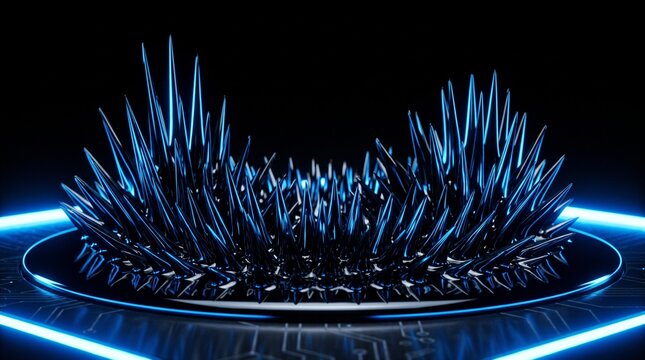 Futuristic dark ferrofluid magnetic liquid spikes with vivid blue neon light reflections on a high-tech illuminated platform science background
