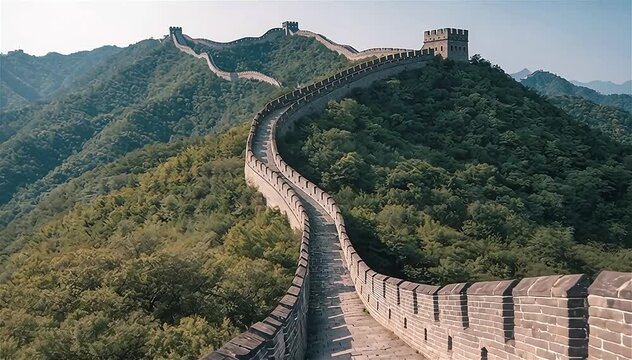 Typical view of Great Wall of China restored Mutianyu section, double crenels and wide stone paved walkway, Beijing, China.