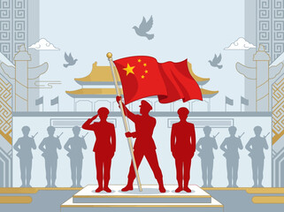 Fototapeta premium Chinese soldiers holding national flag. Military parade with soldiers saluting in Beijing.